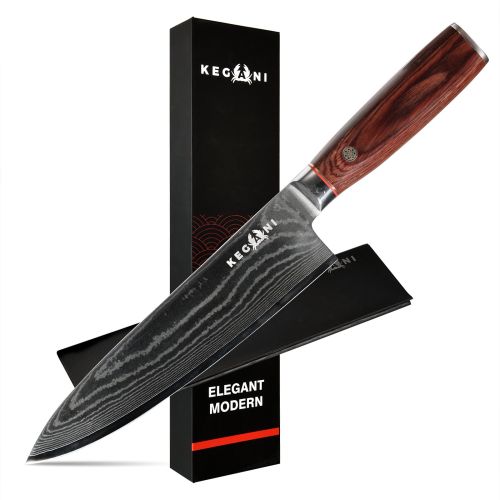 Kegani 8 Inch Damascus Chef Knife 67 Layers 10Cr15CoMoV Japanese Knife Hammered Texture Damascus Knife - FullTang Wood Handle Chefs Knife With Gift Bo
