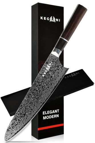 Kegani 8 Inch Japanese Kiritsuke Chef Knife, Japanese 67 Layers VG-10 Damascus Knife, Ebony FullTang Handle Natural Texture Japanese Knife Sushi Knife